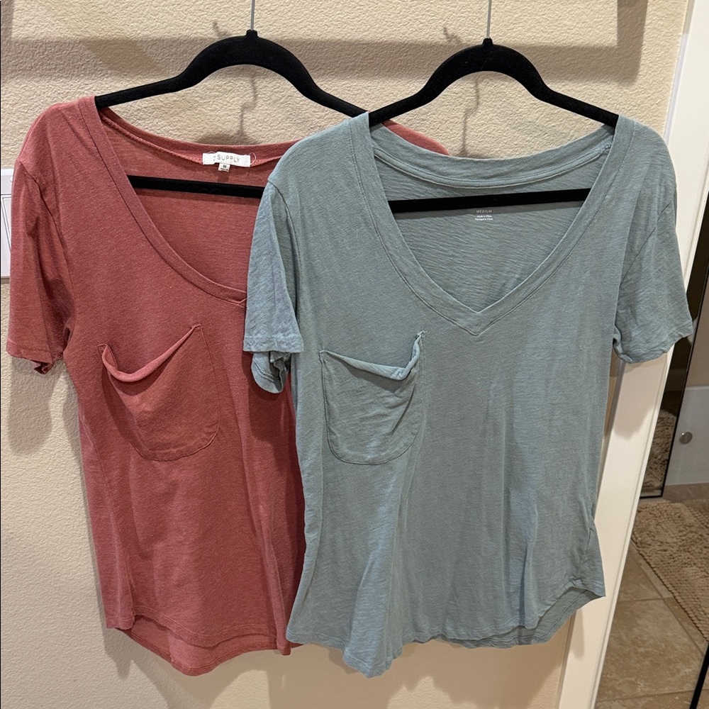 Z Supply Short Sleeve V-Neck Tees - Red and Green